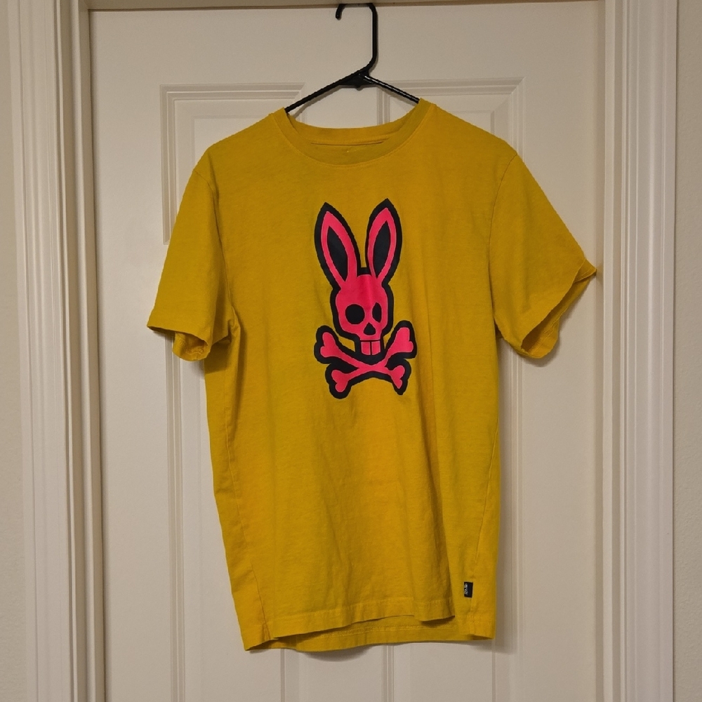 Psycho Bunny Yellow Tee with Pink Bunny Graphic